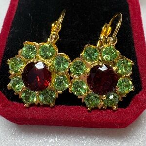 18k Gold-plated Lime Green and Red Crystal Earrings Look like Peridot & Garnets